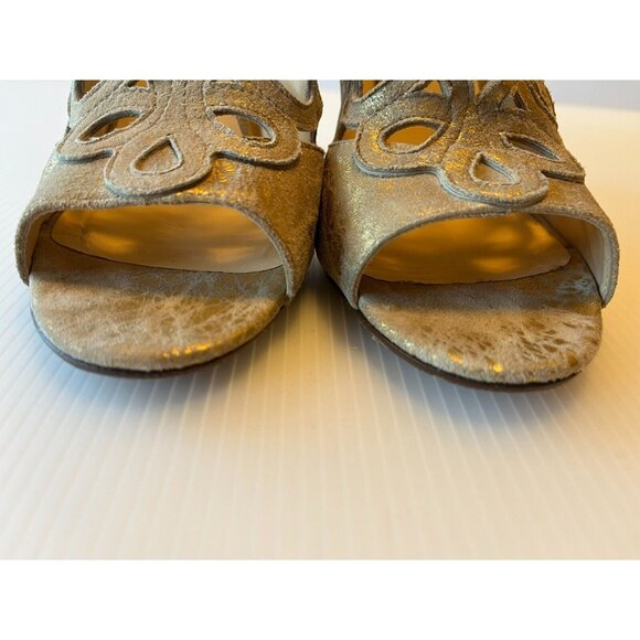 Kate Spade Gold Crackled Leather Strappy Peep Toe Heels, Size 8.5 (US) - Picture 4 of 11